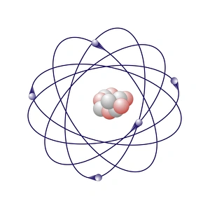 Drucke von Bor und Atommuster. Boron hat sechs Neutronen (weiß) und fünf Protonen (rot im Kern). Der Atom auch um den Kern herum fünf Elektronen (blau), die sich bewegen Bilder Datiert 2010 November: Bor und Atommuster