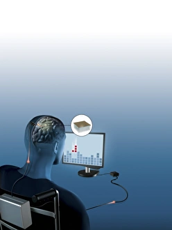 Drucke von Gehirn-Computer-Schnittstelle. Eine Kunstwerke zeigt einen paralysierten Mann, der mit seinen Gedanken ein Computer Spiel spielt Bilder Datiert 2007 September: Gehirn-Computer-Schnittstelle, Kunstwerk