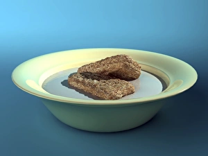 Drucke von Frühstückskornhafer, Computerkunst eines Frühstückskorns im Topf Milch Bilder Datiert 2005 August: Frühstückskorn, Computerbildern