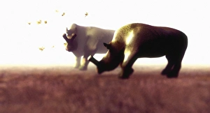 Drucke von Brontotherien. Künstlerische Darstellung zweier Brontotherien (Brontotherium sp.), ausgestorbene Säugetiere, die während der eozänen Ära lebten, 58-30 Millionen Jahren vor unserer Zeit Bilder Datiert 2006 Januar: Brontotheres