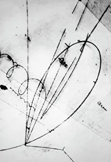 Drucke von Ein Foto im Luftkammerbild von der Sigma-Teilung. Die Sigma lebt zu kurz, um gesehen zu werden; ihre Anwesenheit wird aus anderen Teilchen abgeleitet Wissenschaftliche Poster: Bild aus einem Blasenkammerfoto der Sigma-Teilchenzerfall