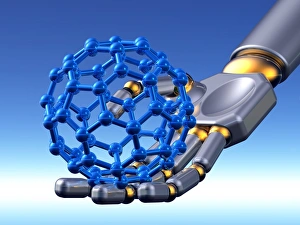 Drucke von Ein Buckyballmolekül wird von einer robuster Hand gehalten Bilder Datiert 2009 Februar: Kugelstauermolekül, Kunstwerk