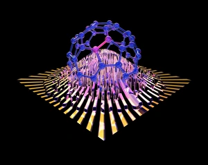 Drucke von Ein Buckyballmolekül integriert in ein elektrisches Kreislaufsystem, konzeptuelles Computerbildwerk Bilder Datiert 2009 Februar: Kugelbuckelellipsenmolekül, künstlerisches Konzeptbild