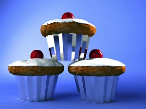 Drucke von Kuchen, Computergebild aus drei mit Schnee überzogenen Keksen Bilder Datiert 2005 August: Cakes