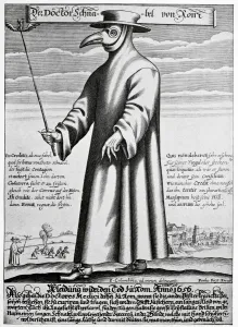 Drucke von Die Plageärztin. Kunstwerk des 17.Jh., mit dem Titel Doktor Schnabel von Rom (Nasenarzt aus Rom). Der Text ist auf Lateinisch geschrieben Wissenschaftliche Poster: Büchsenärzt des 17.Jh., Kunstwerk aus dem Mittelalter