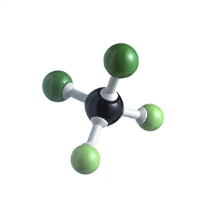 Drucke von Molekül CFC. Modell eines Moleküls des Dichlorkohlenwasserstoffs, auch bekannt als Freon-12 Bilder Datiert 2011 August: Molekül des CFCs