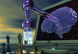 Drucke von Schachcomputer, künstlerische Darstellung eines Schachspielendenes KI-Systems aus dem Bereich der Konzeptkunst. Computern wie IBM's Deep Blue können nun gegen Weltmeister schlagen Bilder Datiert 2003 April: Schachcomputer