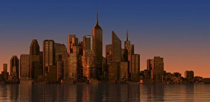 City Silhouette At Sunset Drucke: Cityscape at sunset, artwork