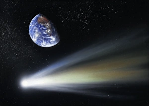 Drucke von Komet und Erde. Kunstwerk eines Kometen vor der Erde. Kometen sind Korpen aus Eis und Staub, die in das innere Sonnensystem von dem äußeren Sonnensystem eintreten Bilder Datiert 2008 Mai: Komet und Erde, Kunstwerk