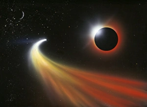 Drucke von Ein Kommet passiert einen Planeten und bildet ein Kunstwerk. Der Planet verläuft vor der Muttersterne (einschließt) sich selbst. Seine Mondphase ist oben links im Bild zu sehen Bilder Datiert 2008 Mai: Komet vor einem Planeten, Kunstwerk