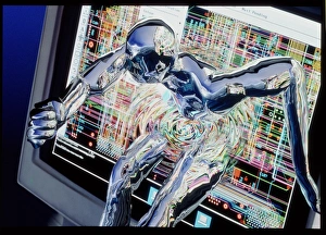 Abstract Technology Image Drucke: Computer art of humanoid breaking out of computer