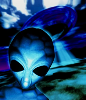 Spacecraft Concept Art Drucke: Computer artwork of an alien and a UFO