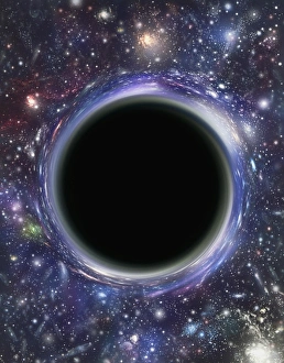 Drucke von Schwarzes Loch. Computerkunstwerk, das ein Schwarzes Loch gegen einen Sternhimmel darstellt. Ein Schwarzes Loch ist ein sehr dichtes Objekt, das aus dem Zusammenbruch eines riesigen Sterns entsteht Bilder Datiert 2005 Mai: Bild eines Computerkünstlers eines Schwarzen Lochs gegen Hintergrund von Sternenfeld.
