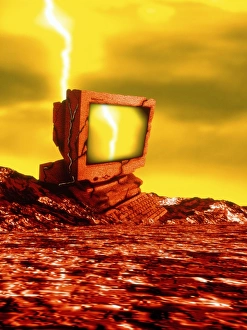 Abstract Computer Art Drucke: Computer artwork of broken computer in wasteland