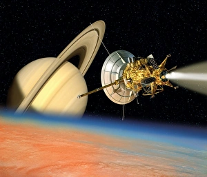 Cassini Drucke: Kunstwerk aus dem Computer über das Saturn-Raumfahrzeug Cassini auf Titan
