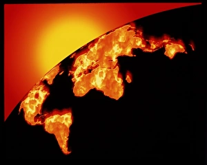 Global Climate Change Drucke: Computer artwork of Earth with burning continents