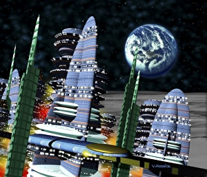 Earth From The Moon Drucke: Computer artwork of Earth above a city on the Moon