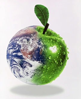 Drucke von Gaia-Hypothese. Computerart zur Hälfte des Erdkörpers als Apfel dargestellt Bilder Datiert 2004 November: Kunstwerk aus dem Computer, halbes Erd und halbes Apfel