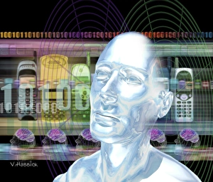 Communication Technology Drucke: Computer artwork of mans head with mobile phones