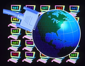 Bilder, datiert 1997: Bild eines Computerzeichens von vernetzten Computern und der Erde.