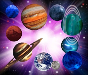 Astronomy Images Online Drucke: Computer artwork of planets on a large explosion