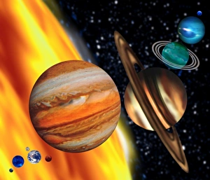 Solar System Scale Model Drucke: Computer artwork showing relative sizes of planets