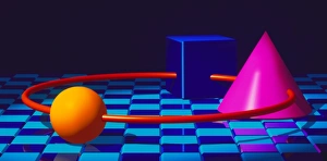 Kunstwerk aus dem Computer einer Kugel, eines Konus und eines Kubus