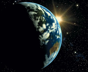 Erde Drucke: Kunstwerk aus dem Computer zur Darstellung eines Sonnenaufgangs über der Erde