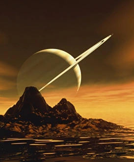 Drucke von Titan. Computerartwork der Oberfläche von Titan, dem größten Mond des Saturns. Der Planet erscheint im Himmel Bilder Datiert 2003 Oktober: Kunstwerk aus dem Computerbild der Titanen und des Planeten Saturn