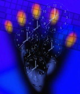 Drucke von Computerübernutzung. Konzeptuelles Computerkunstwerk einer Hand und eines Computertastaturen überlagert mit Uhren und dem Gesicht einer gestressten Frau Bilder Datiert 2004 Januar: Betrachtung von Computern zu sehr