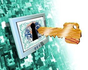 Drucke von Die Internet-Sicherheit. Konzeptuelles Computerbildwerk eines Schlüssels für ein Schloss in einem Computermonitor das eine Weltansicht zeigt Bilder Datiert 2004 Juni: Computersicherheit