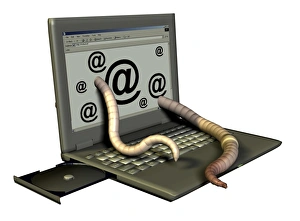 Drucke von Computer-Wurm. Konzeptionelles Computer-Kunstwerk von Würmern, die aus dem Bildschirm einer Laptop-Computer hervorkommen Bilder Datiert 2006 August: Computer-Wurm