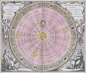 Drucke von Der Copernikanische Planisphäer. Dies ist die vierte Tafel aus der Sternatlas 'Harmonica Macrocosmica' von dem niederländisch-deutschen Mathematiker und Kosmograf Andreas Cellarius (1596-1665) Andreas Cellarius Drucke: Kopernikanisches Planisphärmus, 1708