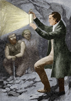 Humphry Davy Drucke: Davy testing his mining lamp