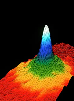 Drucke von Bose-Einstein Condensat: ein neues Zustand der Materie. Graphik zur Dichte von niedriggeschwindigkeitsrubidiumatomen, die einen Bose-Einstein-Condensat (BEC) bilden Bilder Datiert 2002 Dezember: Dichte im Bose-Einsteinschen kondensierten Zustand