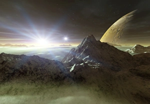 Drucke von Doppelsternsonder am Alienplaneten mit einem großen Mond (oben rechts), Computerkunstwerk. Ein Doppelsternsystem entsteht, wenn zwei Sterne unter ihrer gegenseitigen Schwereluke um die Erde kreisen Bilder Datiert 2009 Mai: Doppelsternsonder auf einem fremden Planeten