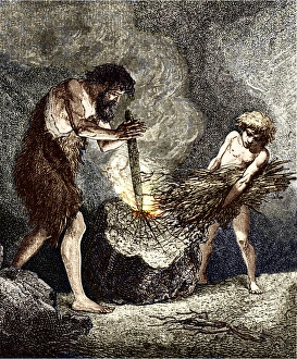 Drucke von Frühe Menschen machen Feuer. Farbige Kunstwerke von einem Methoden der Herstellung des Feuers durch frühere Menschen verwendet werden Bilder Datiert 2008 Oktober: Frühmenschen machen Feuer