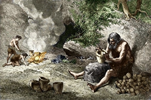 Drucke von Frühe Menschen machten Keramik und farbige Kunstwerke. Ton war eines der ersten Materialien, die frühe Menschheit nachdem sie erkannt hatte wie man Feuer anzündet, verwendete Bilder Datiert 2008 Oktober: Frühe Menschen machen Keramik