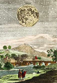 Drucke von Karte der Mondmitte von Malet. Kunstwerk aus dem Jahr 1635 mit Einfluss auf Beobachtungen des Teleskops, das eine detaillierte Sicht über die Oberfläche des Mondes in einem ländlichen Bild zeigt Bilder Datiert 2004 Dezember: Frühes Mondschilderbuch aus dem Jahr 1635