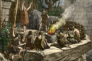 Drucke von Frühzeitige Verwendung von Feuer: Historische Kunstwerke früher Menschheit um einen Kamin herum gezeigt Bilder Datiert 2005 März: Frühe Verwendung von Feuer