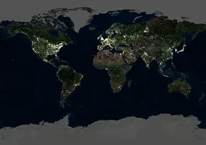 Drucke von Die gesamte Erdekarte bei Nacht mit Satellitenbild. Hier ist Afrika im Zentrum zu sehen Einige Unserer Beliebtesten Karten Und Diagramme Drucke: Ganzes Erdumfeld nachts im Satellitenbild