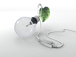 Energy Saving Light Bulb Drucke: Electric light bulb, leaf and switch