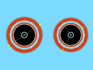 Drucke von Zwei Sätze von Teilchentrackern aus Elektron-Positron-Kollosionen gesehen durch das ALEPH-Detektor am CERN-Labor in der Nähe von Genf, Schweiz Bilder Datiert 2012 September: Elektronen-Positronenkollision C014/1799