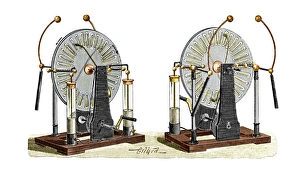 Drucke von Elektrostatische Generatoren. Historisches Kunstwerk aus zwei Wimshurstmaschinen wie von vorne (links) und hinten (rechts) Bilder Datiert 2006 Dezember: Elektrostatische Generatoren, 1900