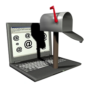 Drucke von E-Mailkonzeptuelle Computerkunstwerk eines Briefkastens auf einem Laptop darstellend, der E-Mail repräsentiert Bilder Datiert 2006 August: Email