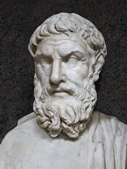 Drucke von Epicurus. Büste des griechischen Philosophen Epicurus (um 341-270 v. Chr.). Er verlängerte die Idee (wegen Demokrit) , dass Materie aus Atomen besteht, die sich in Größe und Form unterscheiden Bilder Datiert 2010 Juni: Epicurus