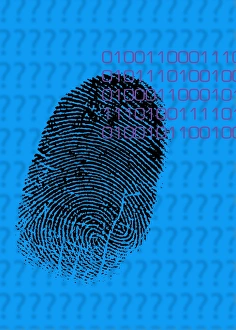 Drucke von Abdruck eines Fingerprints, Computerskizze mit einem Überlagern von Binärcode, das die moderne forensische Analyse des Abdrucks darstellt Bilder Datiert 2004 Dezember: Fingerprint