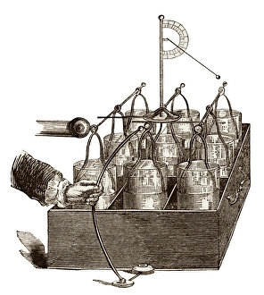 Drucke von Franklin war der erste, die eine Reihe von Leyden-Kerzen zusammengruppieren konnte. Im Jahr 1749 prägte er das Wort 'Batterie' um den solchen Aufbau zu beschreiben Bilder Datiert 2011 Januar: Franklins Elektrostatisches Akku