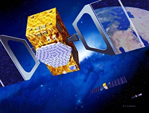 Drucke von Galileo NavigationSatellitenetwerk Kunstwerke mehrerer Navigationsatmosphären für das europäische Galileonetz über Europa (Spiegelung, oberer rechter Teil zeigt den Mittelmeer) Bilder Datiert 2003 November: Navigationsatelliten von Galilei