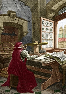 Italian Astronomer Drucke: Galileo using a telescope